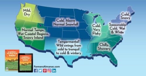 U.S. weather map showing various conditions: dry, cold, snowy, and temperamental across different regions.