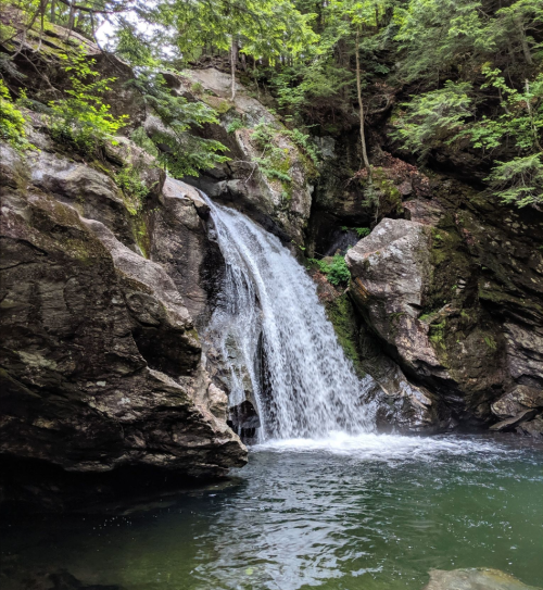 A serene waterfall cascading over rocky cliffs into a calm pool, surrounded by lush green trees.