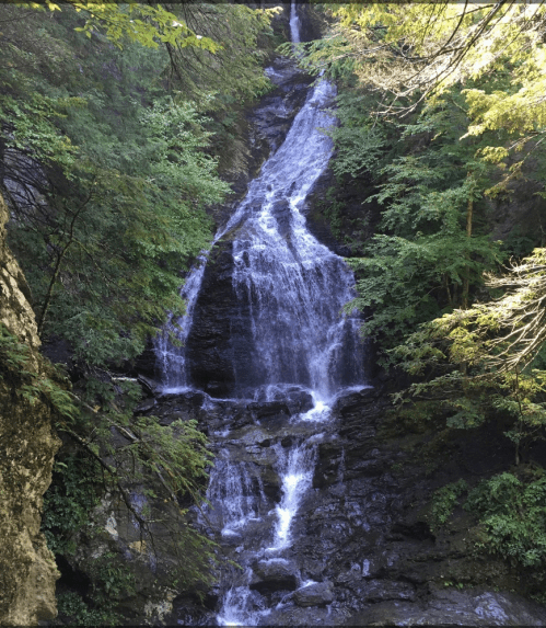 A cascading waterfall surrounded by lush green trees and rocky terrain.