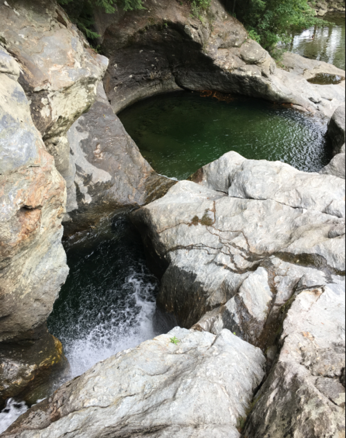 A rocky landscape featuring two green pools of water surrounded by stone formations and flowing water.