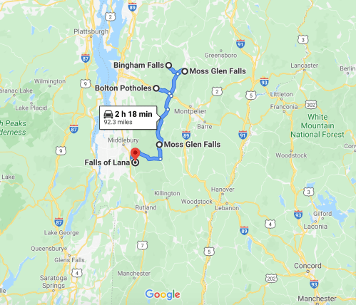 Map showing a route from Falls of Lana to Moss Glen Falls, including Bingham Falls and Bolton Potholes, totaling 92.3 miles.