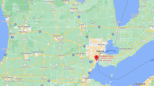 Map showing southeastern Michigan, highlighting Detroit and Elizabeth Park along the waterfront.