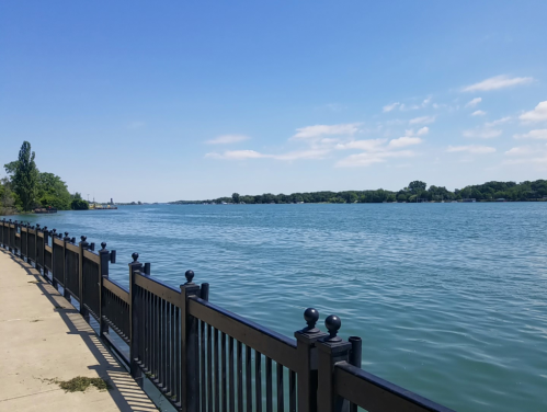 A serene river view with a black railing along the shore, under a clear blue sky and scattered clouds.