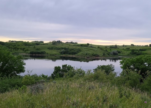 A serene landscape featuring a calm lake surrounded by lush greenery and rolling hills under a cloudy sky.