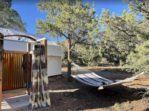 A hammock hangs between trees near a yurt, with a rustic outdoor shower area visible in the background.