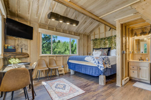 Cozy wooden cabin interior featuring a bed, seating area, and a small bathroom with natural light.