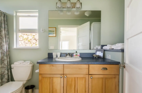 A light green bathroom featuring a wooden vanity, mirror, toilet, and neatly arranged towels on the counter.