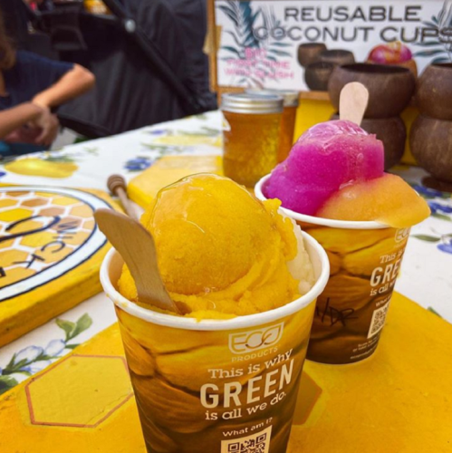Two cups of colorful sorbet, one yellow and one pink, with wooden spoons, on a floral tablecloth.