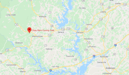 Map showing the location of Chau Ram County Park near Seneca, South Carolina, with surrounding roads and landmarks.