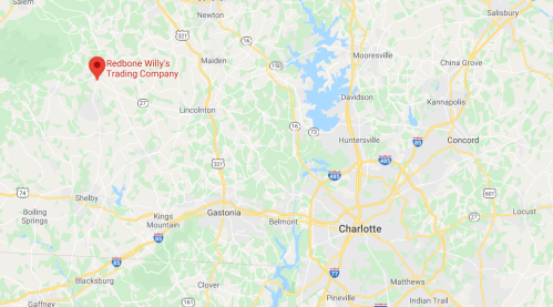 Map showing the location of Redbone Willy's Trading Company near Charlotte, North Carolina.