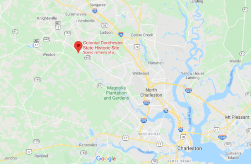 Map showing the location of Colonial Dorchester State Historic Site near Charleston, South Carolina.