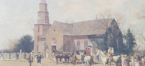 A historic scene depicting a church with people and horses gathered outside, set in a rural landscape.