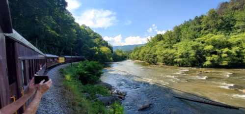 A scenic view from a train, showing a river and lush green trees under a blue sky with clouds.
