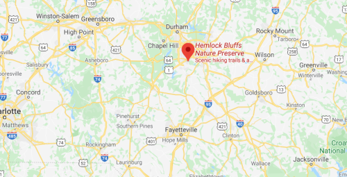 Map showing the location of Hemlock Bluffs Nature Preserve near Chapel Hill, North Carolina, with hiking trails highlighted.