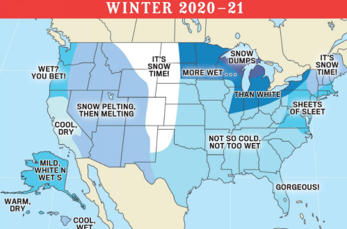 Map of the U.S. showing winter weather patterns for 2020-21, with varying conditions across different regions.