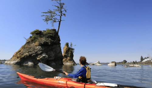 A kayaker paddles near a rocky island with a lone tree under a clear blue sky.