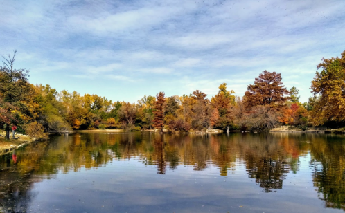A serene lake surrounded by trees in vibrant autumn colors, reflecting the sky and foliage on the water's surface.