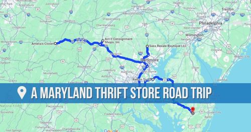 Map showing a route for a Maryland thrift store road trip, highlighting various stops along the way.