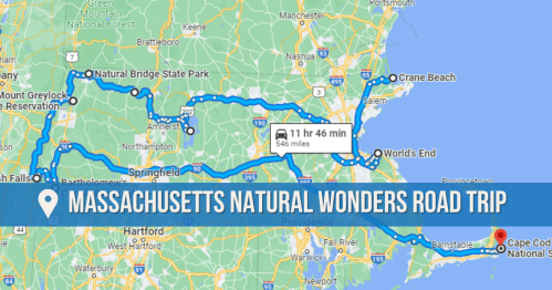 Map of a road trip through Massachusetts highlighting natural wonders, with a route of 546 miles taking 11 hours 46 minutes.