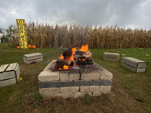 A cozy fire burns in a stone pit, surrounded by wooden benches and a corn maze sign, with pumpkins in the background.