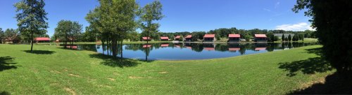 A serene landscape featuring a pond reflecting red-roofed cabins, surrounded by green grass and trees under a clear blue sky.