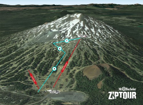 3D map of Mt. Bachelor ZipTour showing zip line routes and mountain terrain.