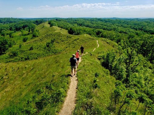Three hikers walking along a winding trail through lush green hills under a clear blue sky.