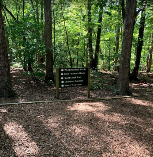 Signpost in a wooded area indicating trail names: West Hemlock Bluffs, East Hemlock Bluffs, Swift Creek Trail, Chestnut Oak Trail, Beech Tree Cove.