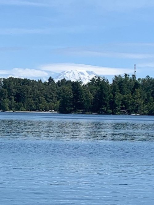 A serene lake scene with lush green trees and a snow-capped mountain in the background under a clear blue sky.