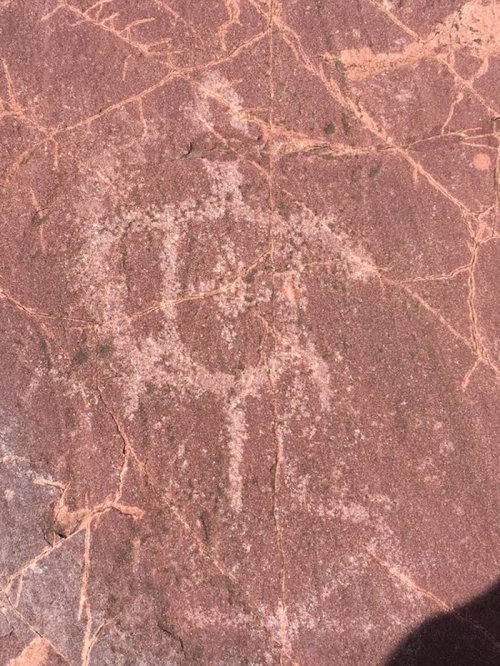 Petroglyphs etched into a reddish rock surface, showcasing ancient symbols and designs.