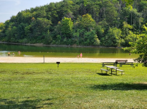 A sandy beach by a calm lake, surrounded by green trees, with people swimming and picnic tables in the foreground.