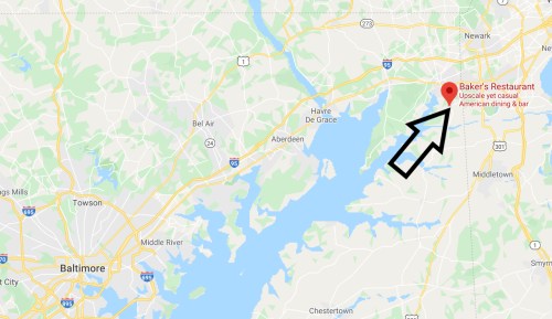 Map showing the location of Baker's Restaurant, an upscale casual American dining and bar near Aberdeen, Maryland.