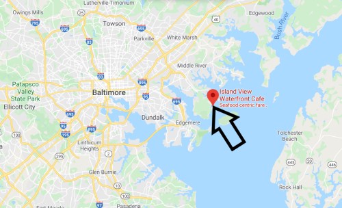 Map showing Baltimore with a marker for Island View Waterfront Cafe, noted for its seafood-centric fare.