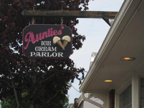 Sign for "Auntie's Ice Cream Parlor" featuring ice cream cones, hanging from a building with trees in the background.
