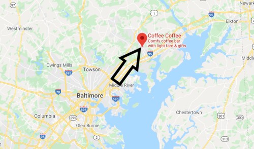 Map showing Baltimore area with an arrow pointing to "Coffee Coffee," a cozy coffee bar with light fare and gifts.