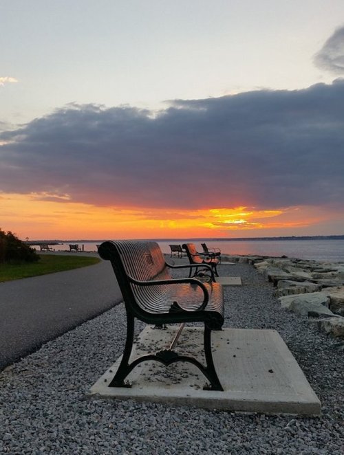 Benches lined along a path by the water, with a vibrant sunset and clouds in the background.
