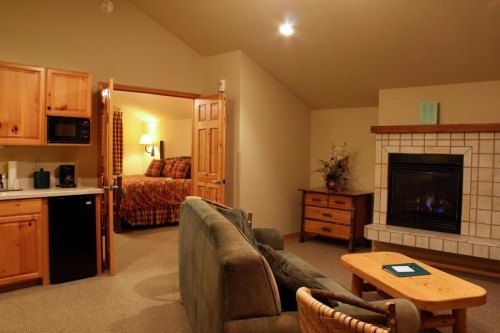 Cozy interior of a cabin with a kitchenette, fireplace, and a bedroom visible in the background. Warm, inviting atmosphere.