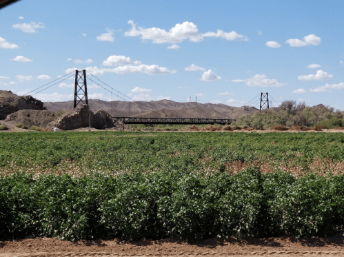 A green field in the foreground with a bridge in the background, surrounded by mountains and a blue sky with clouds.