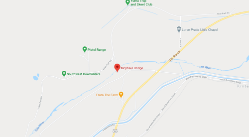 Map showing Mcphual Bridge location with nearby landmarks like a pistol range and bowhunters club.
