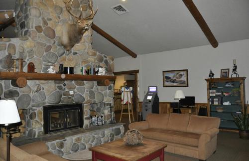 Cozy living area with a stone fireplace, deer mount, sofas, and a bookshelf, featuring rustic decor and warm lighting.