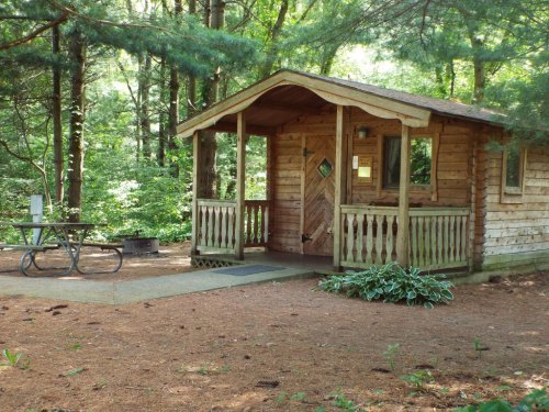 A cozy wooden cabin surrounded by trees, featuring a porch and a picnic table in a serene forest setting.