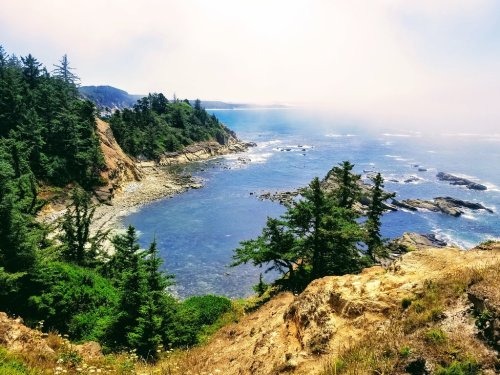 Scenic coastal view with rocky shoreline, lush greenery, and calm blue waters under a bright sky.