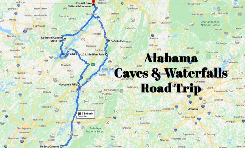 Map showing a road trip route through Alabama, highlighting caves and waterfalls, with key locations marked.