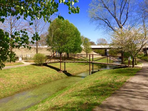 A peaceful park scene featuring a small bridge over a stream, surrounded by trees and greenery under a clear blue sky.