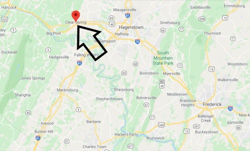 Map showing Clear Spring, Maryland, marked with a red pin and an arrow pointing to its location.