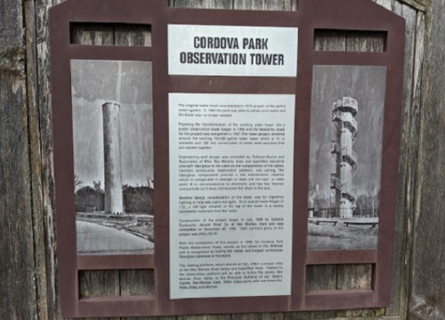 Sign detailing the Cordova Park Observation Tower's history and construction, with images of the tower.