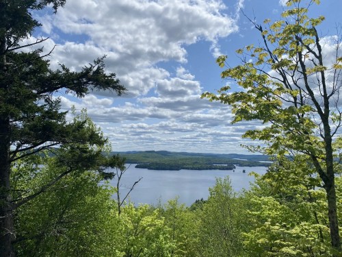 A scenic view of a lake surrounded by lush green trees under a partly cloudy sky.