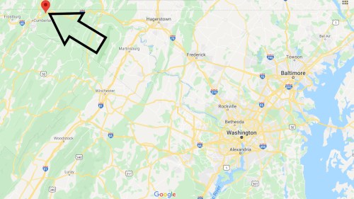 Map showing the location of Cumberland, Maryland, marked with a red pin, near the border of West Virginia.