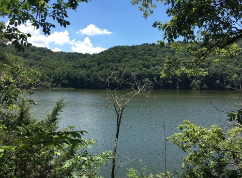 A serene lake surrounded by lush green hills and trees under a bright blue sky with fluffy white clouds.