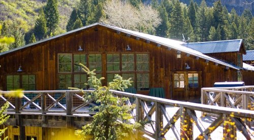 A rustic wooden building surrounded by trees, featuring large windows and a deck with a railing.